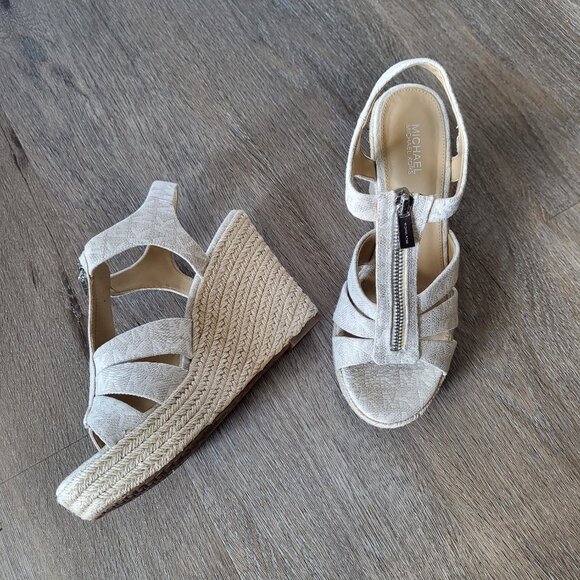 Michael Kors Berkley Platform Wedge Sandal MK Logo Cream Canvas Size 7 - Picture 2 of 16